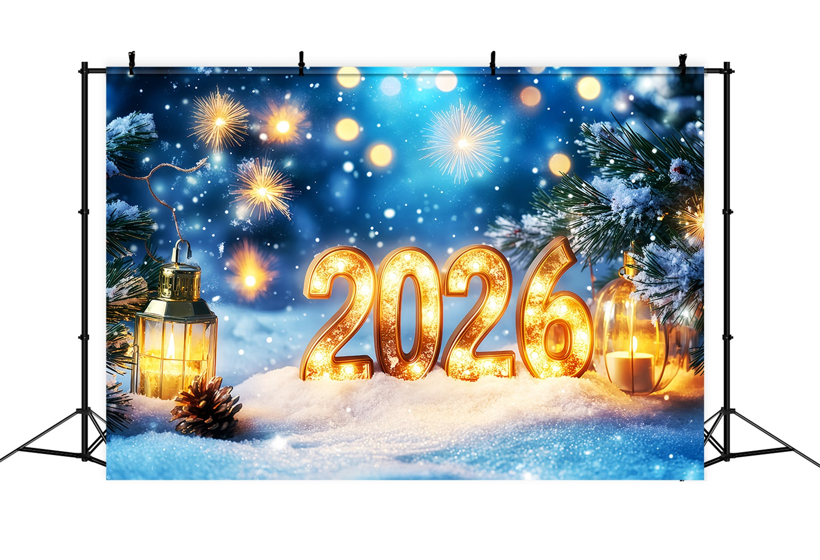2026 New Year Backdrop Snowlit Pines Firework Bokeh New Years Eve Backdrop TWW512-31
