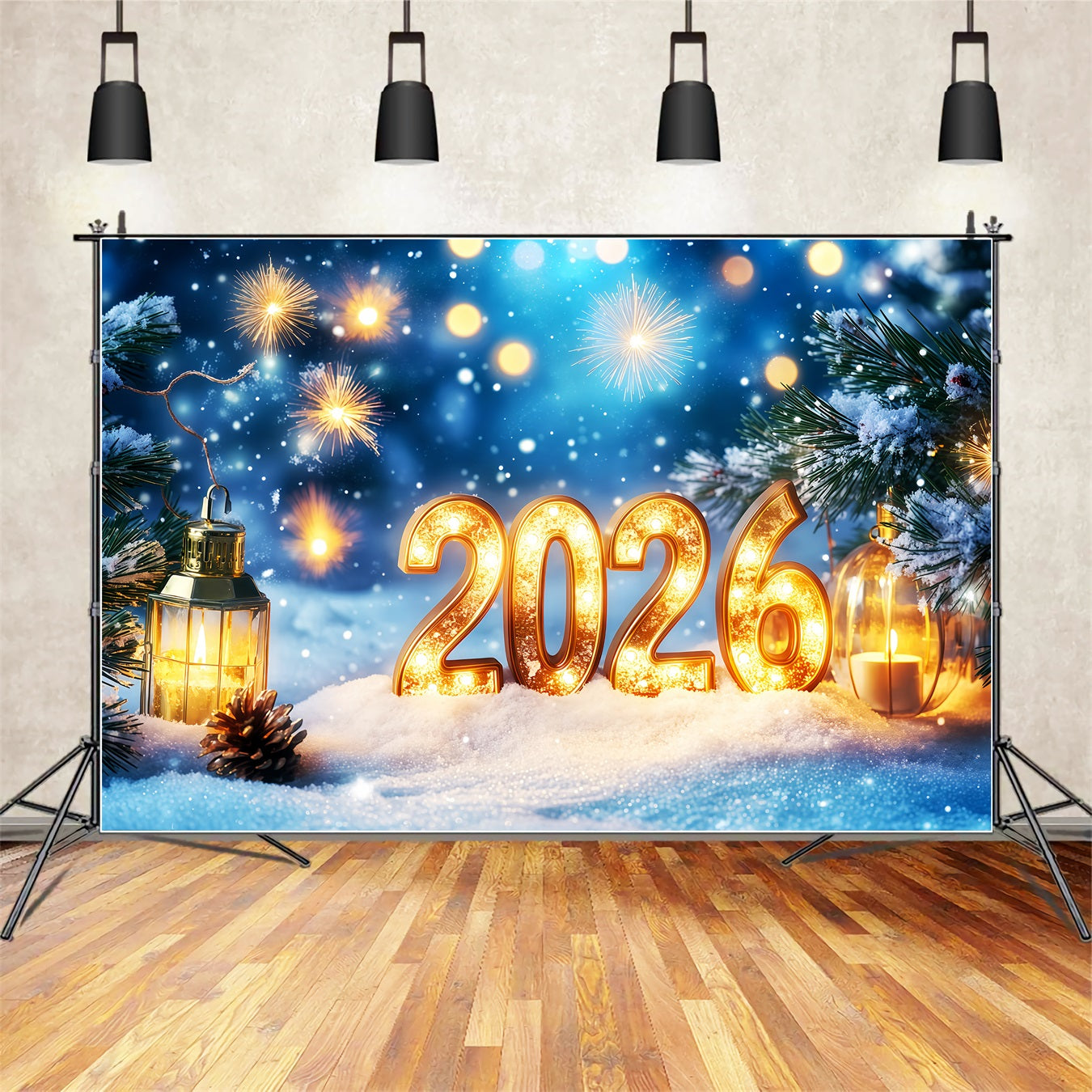 2026 New Year Backdrop Snowlit Pines Firework Bokeh New Years Eve Backdrop TWW512-31