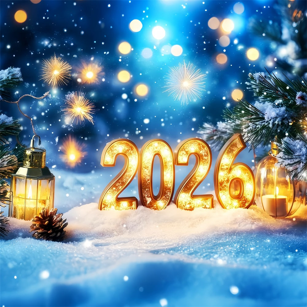 2026 New Year Backdrop Snowlit Pines Firework Bokeh New Years Eve Backdrop TWW512-31