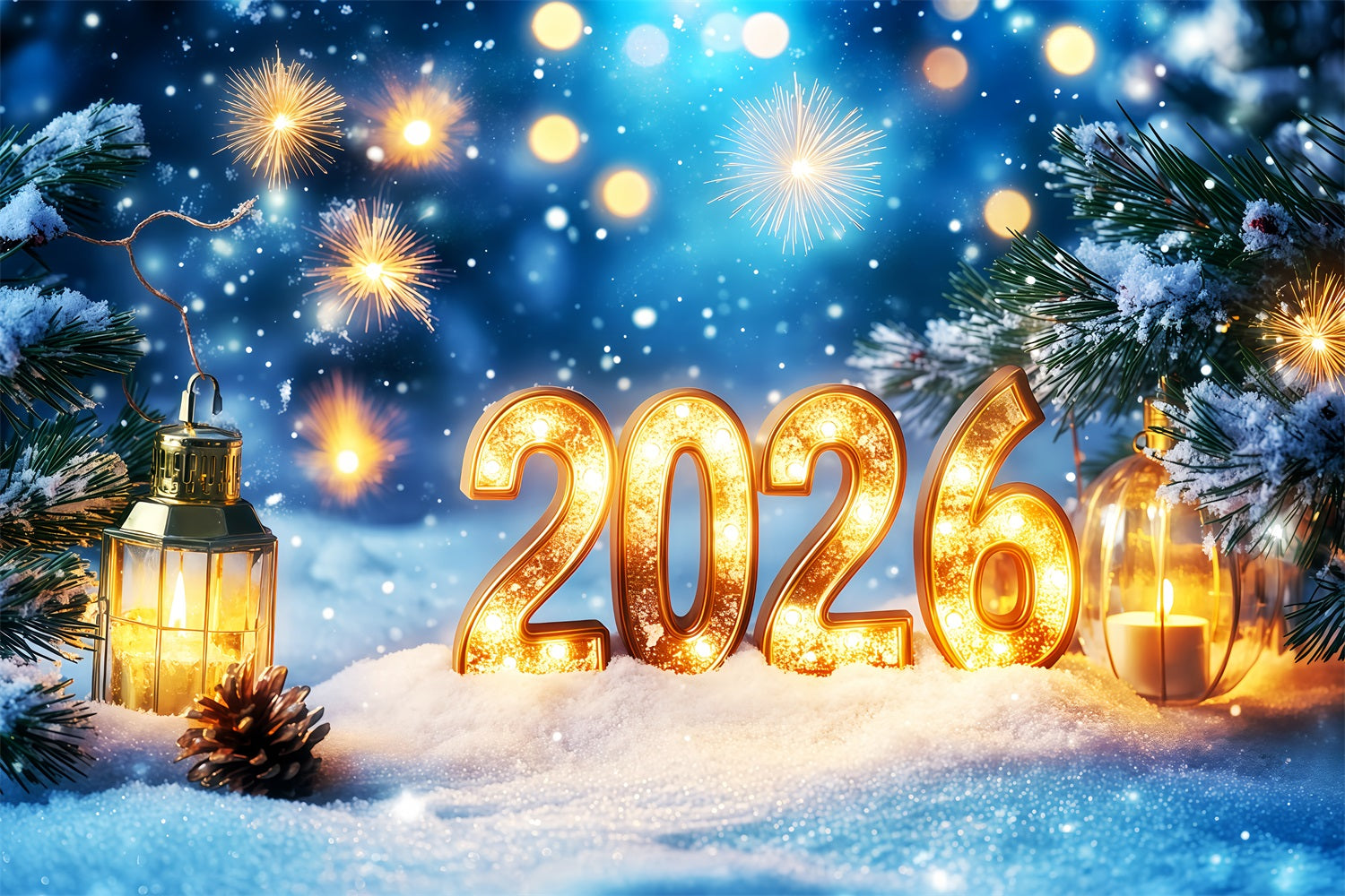2026 New Year Backdrop Snowlit Pines Firework Bokeh New Years Eve Backdrop TWW512-31