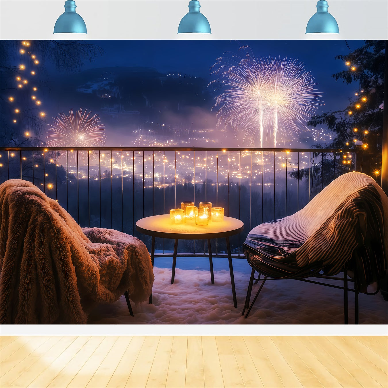 Happy New Year Backdrop Cozy Balcony Night Cityscape Fireworks Backdrop TWW512-32