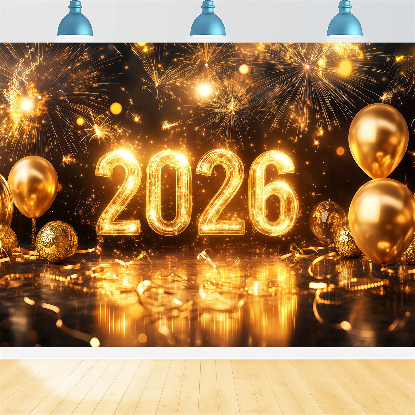 2026 New Year Backdrop Sparkling Gold Balloons Fireworks Backdrop TWW512-4