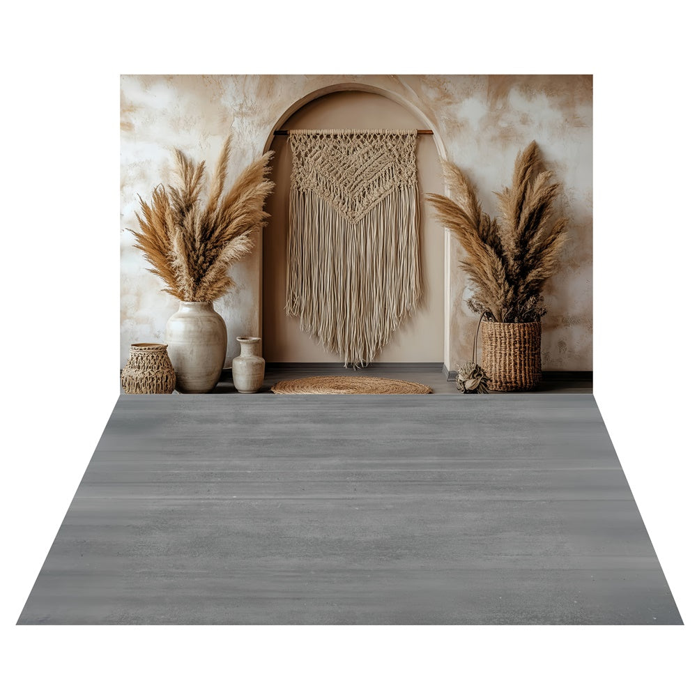 Macrame Arch Wall Backdrop+Gray Wood Floor Backdrop TWW57-107