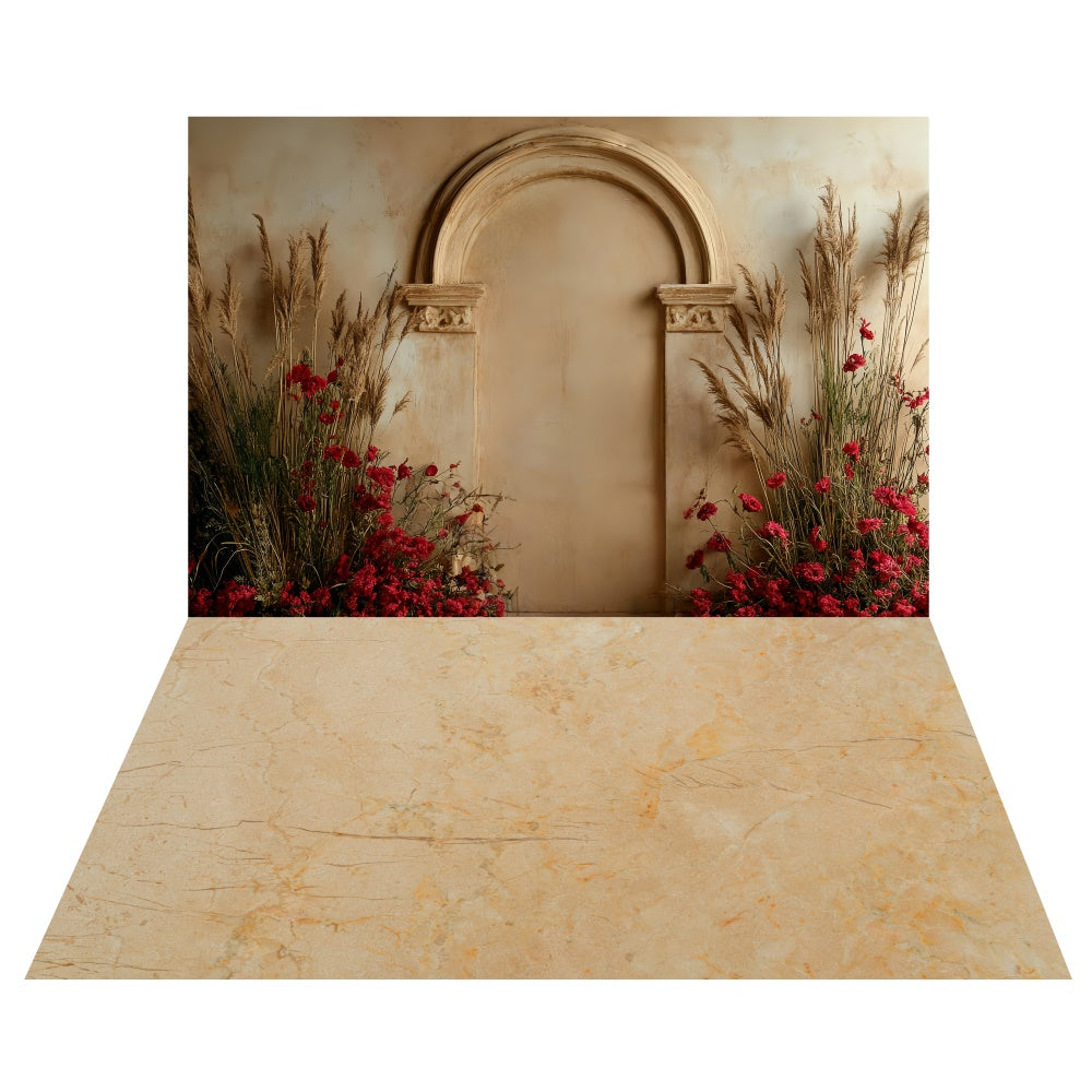Boho Rustic Archway Backdrop+Warm Marble Floor Backdrop TWW57-109