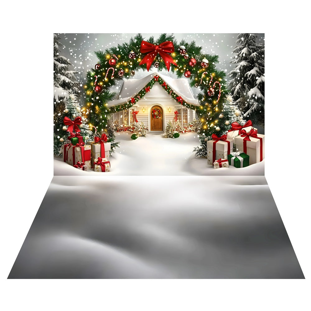 Holiday Cottage Arch Backdrop+Snow Dune Floor Backdrop TWW57-52