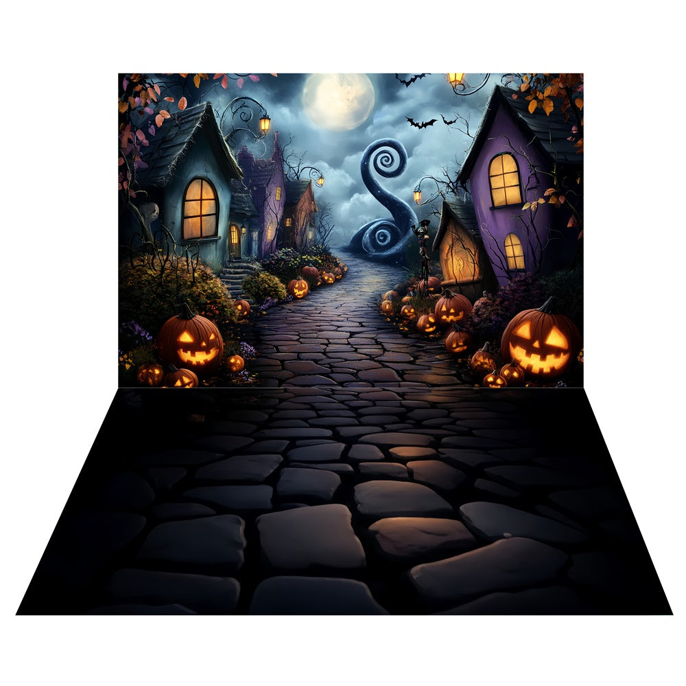 Ghostly Pumpkin Village Backdrop+Twilight Road Floor Backdrop TWW57-60