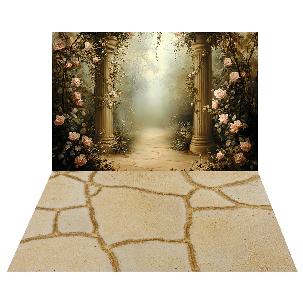 Vintage Rose Pathway Backdrop+Sandstone Tile Floor Backdrop TWW57-67
