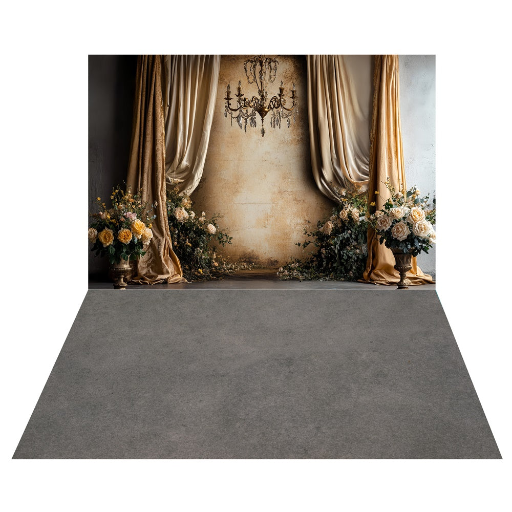 Vintage Champagne Curtain Backdrop+Cement Gray Floor Backdrop TWW57-68