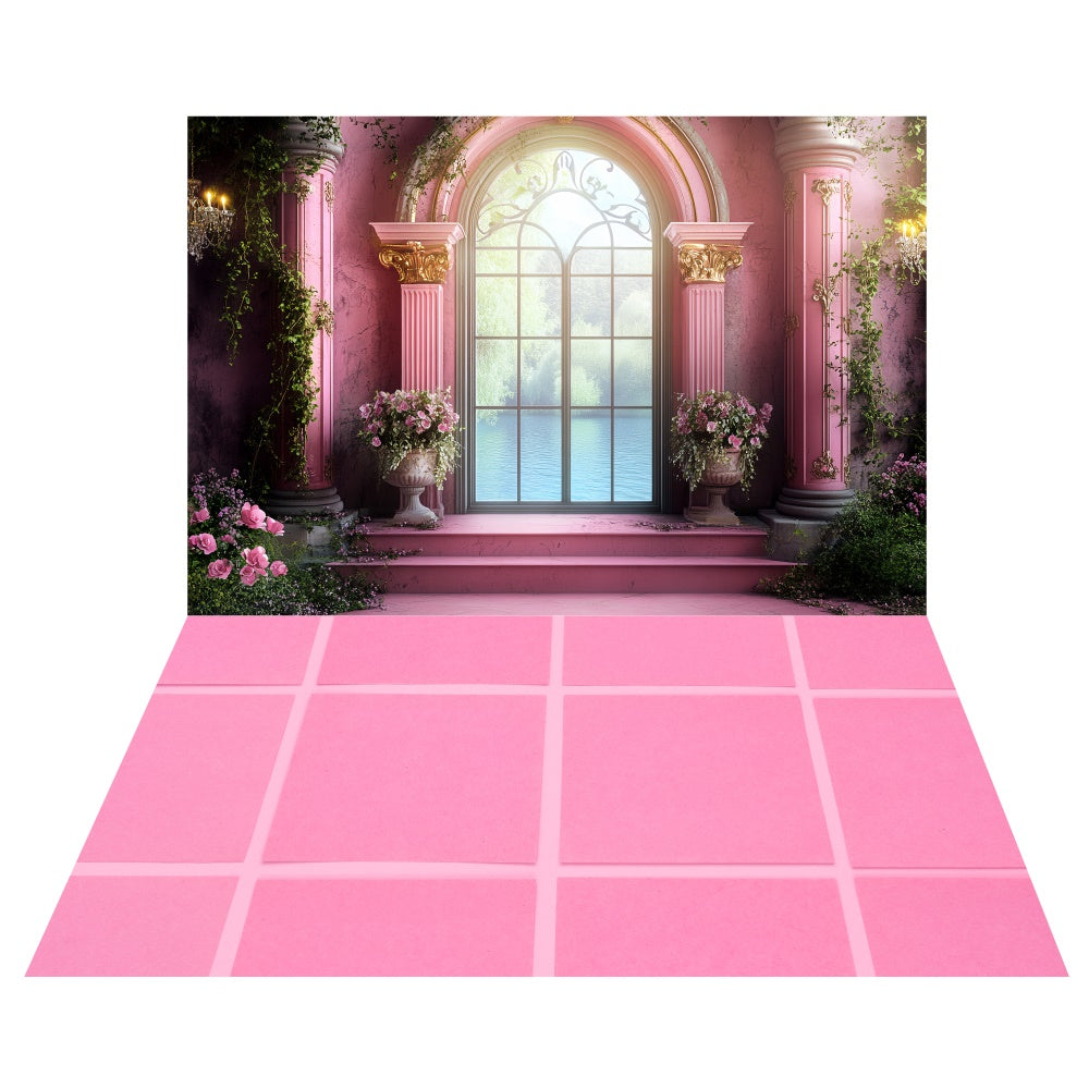 Rosy Palace Window Backdrop+Pink Tiled Floor Backdrop TWW57-69