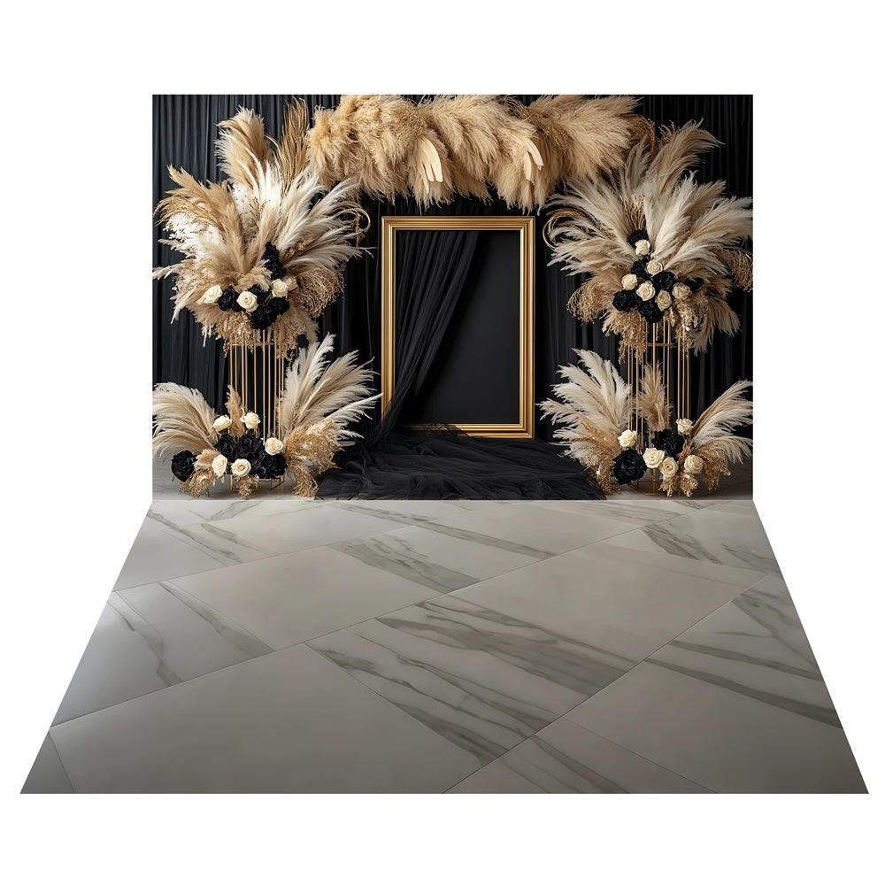 Glam Pampas Noir Bloom Backdrop+Marble Tile Floor Backdrop TWW57-70