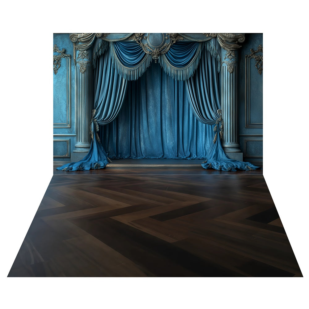 Sapphire Royal Curtain Backdrop+Dark Chevron Floor Backdrop TWW57-71
