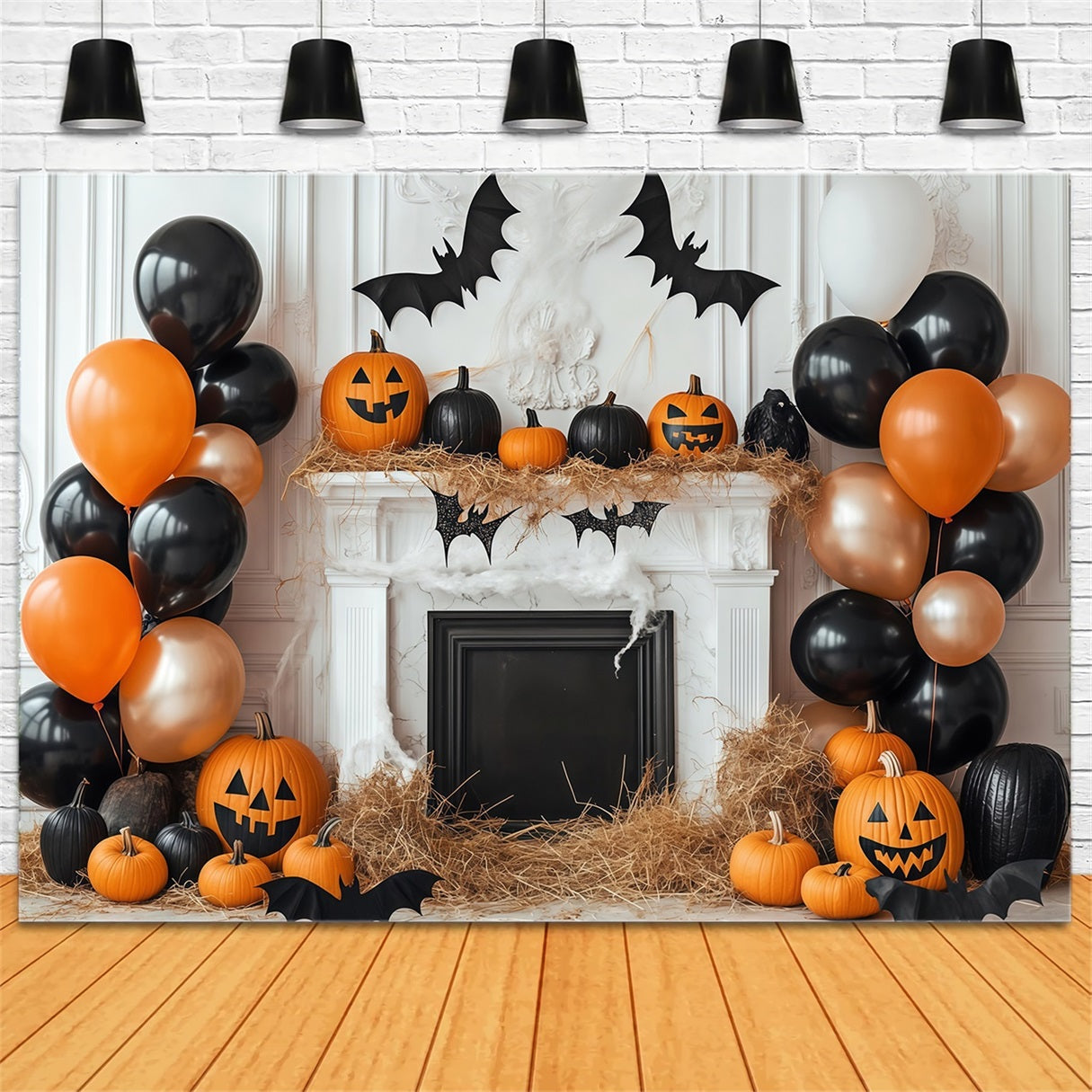 Halloween Wall Backdrop Pumpkin Fireplace with Balloon Decor Halloween Backdrop TWW58-1