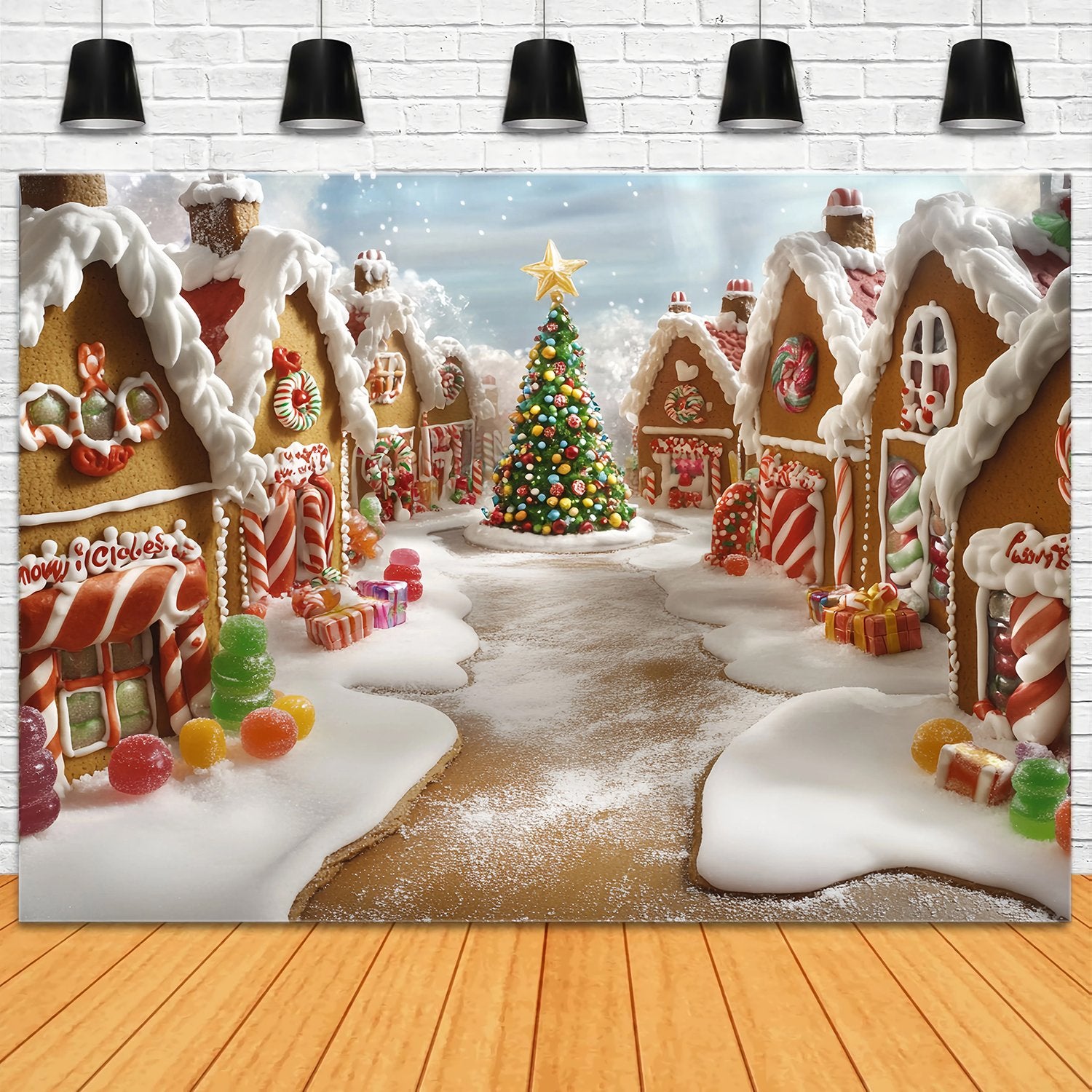 Candyland Christmas Backdrop Gingerbread Candy Village Christmas Tree Professional Christmas Backdrops TWW58-101