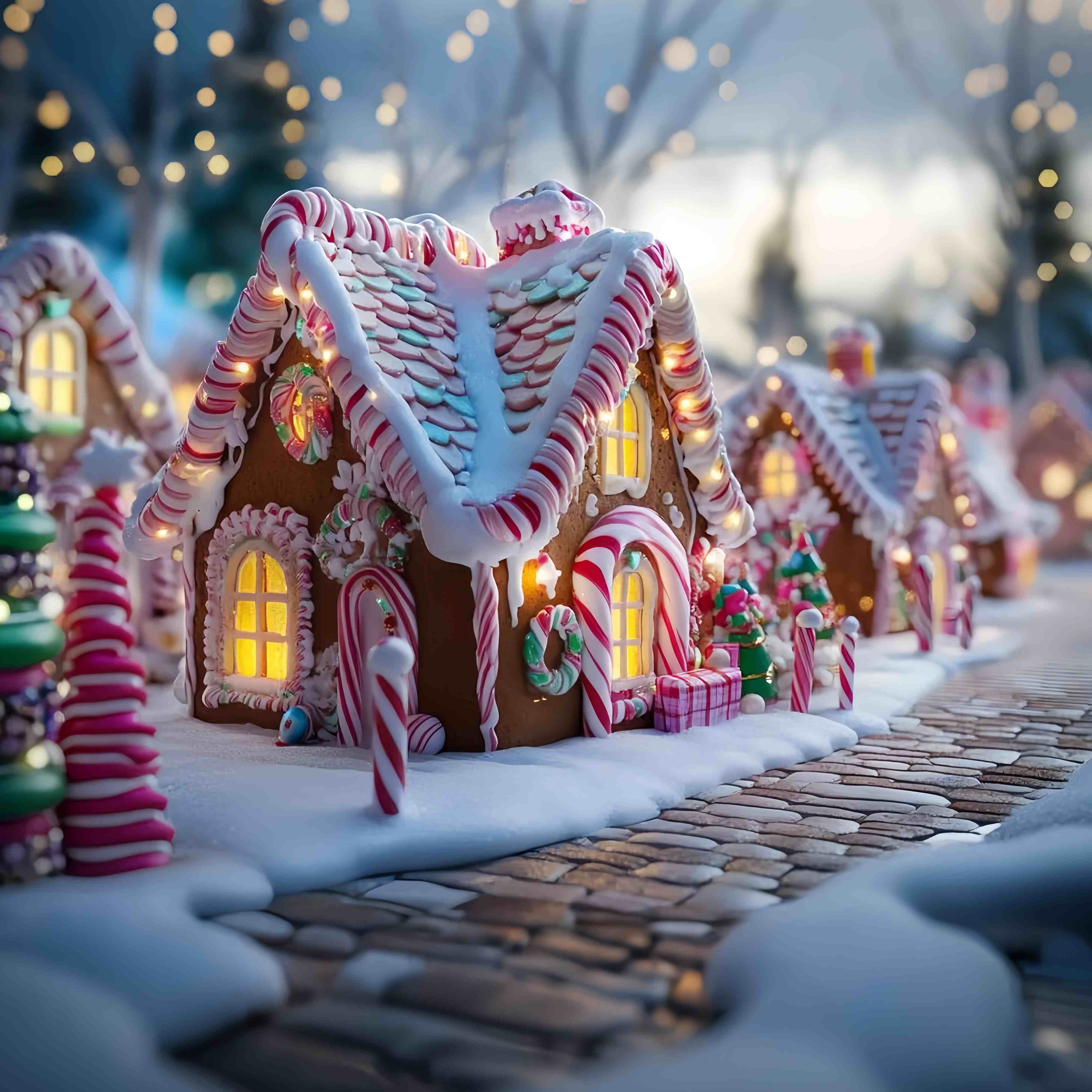 Candyland Christmas Backdrop Candy Cane Gingerbread House Street Christmas Photo Backdrops TWW58-103