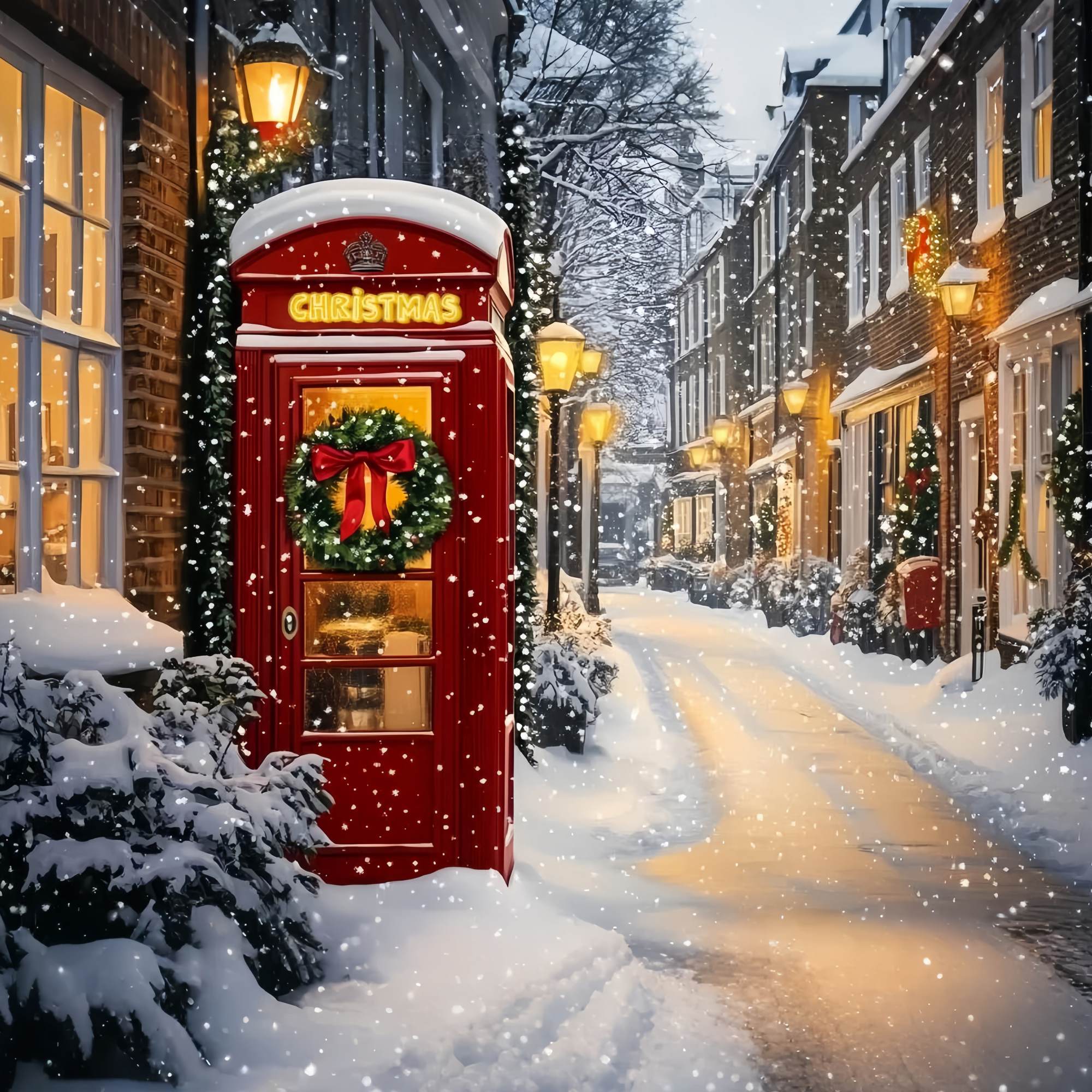 Red Christmas Backdrop Red Phone Booth Snowy Street Backdrop Christmas TWW58-105