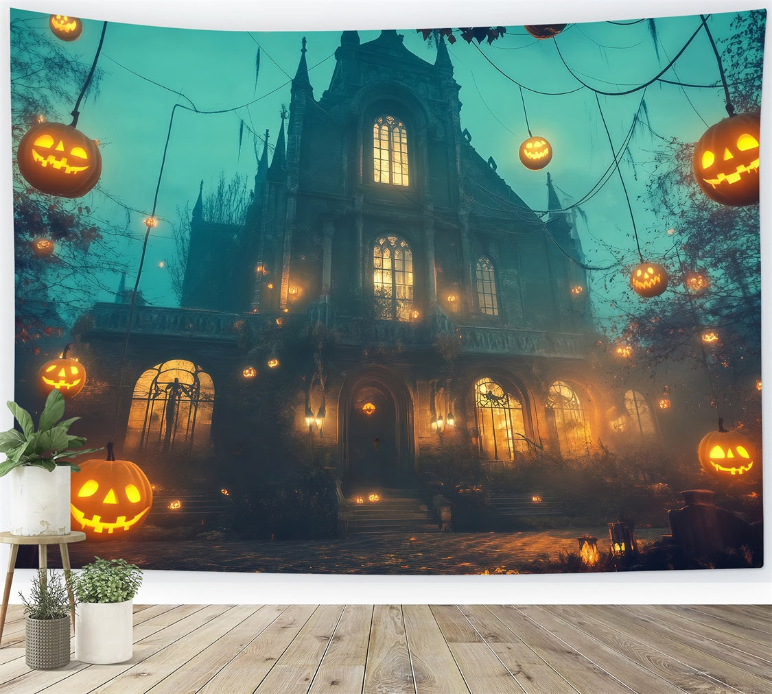 Haunted House Backdrop Floating Jack-O’-Lanterns Around Gothic Mansion Halloween Photo Backdrop TWW58-11