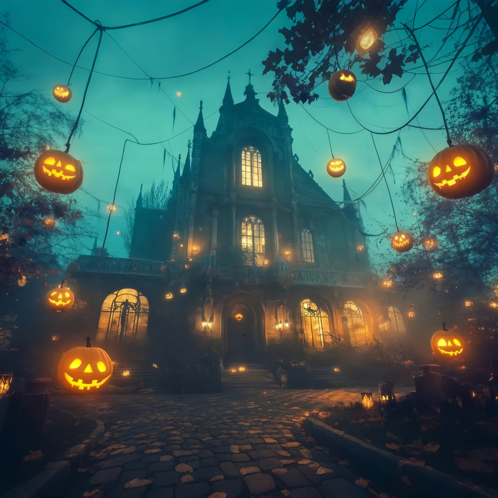 Haunted House Backdrop Floating Jack-O’-Lanterns Around Gothic Mansion Halloween Photo Backdrop TWW58-11