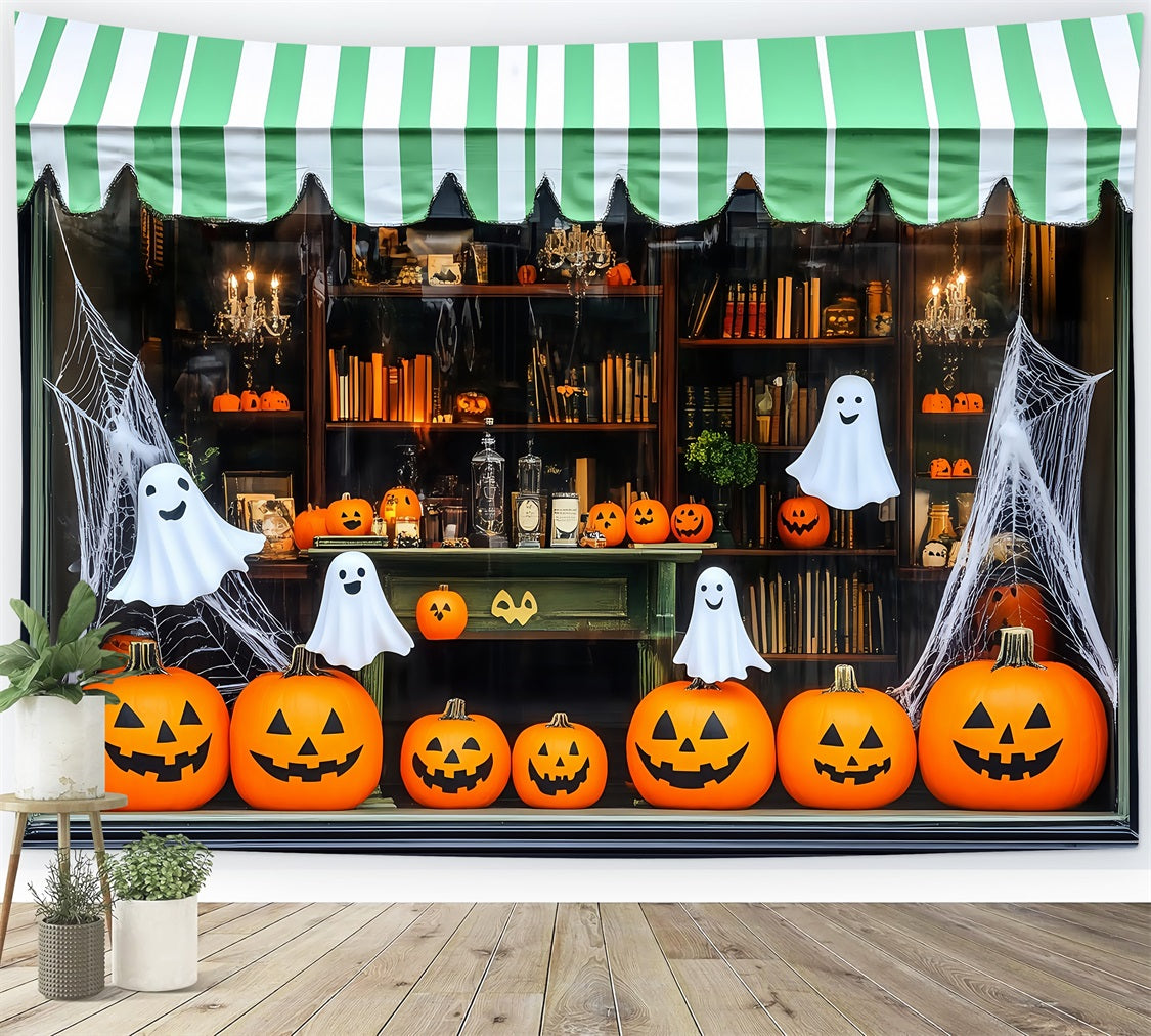 Halloween Smiling Pumpkins and Ghosts in Storefront Display Halloween Photo Backdrop TWW58-12