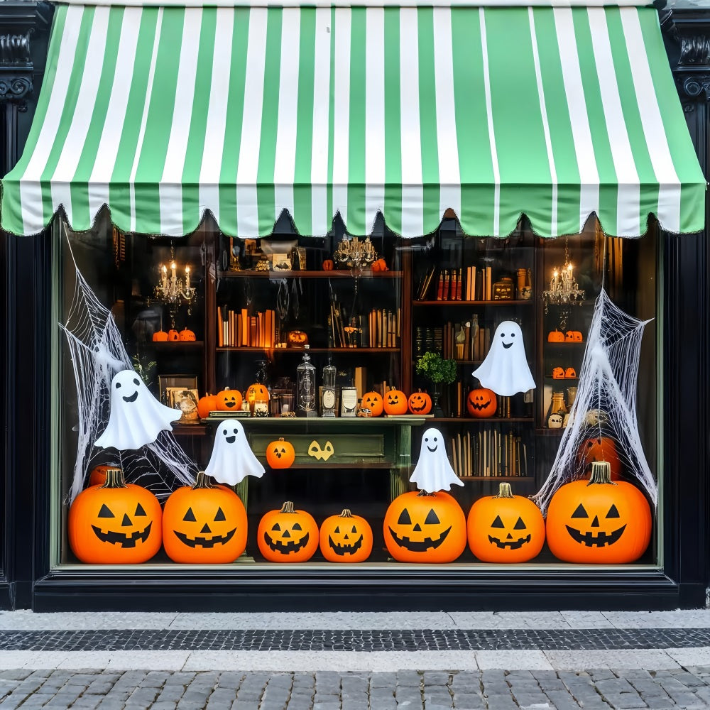Halloween Smiling Pumpkins and Ghosts in Storefront Display Halloween Photo Backdrop TWW58-12