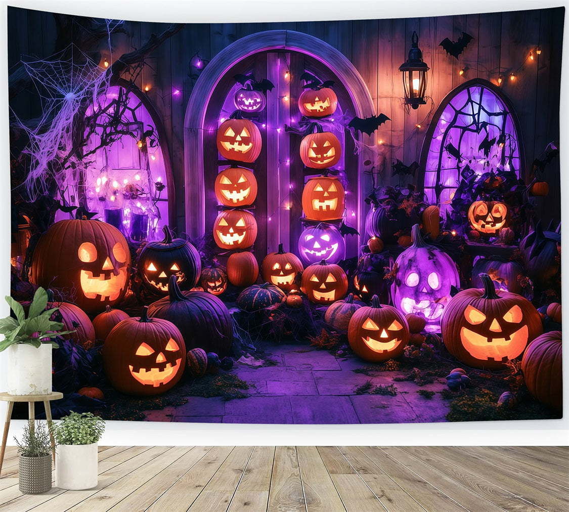 Halloween Wall Backdrop Glowing Jack-O’-Lantern Porch with Purple Lights Halloween Photo Backdrop TWW58-13