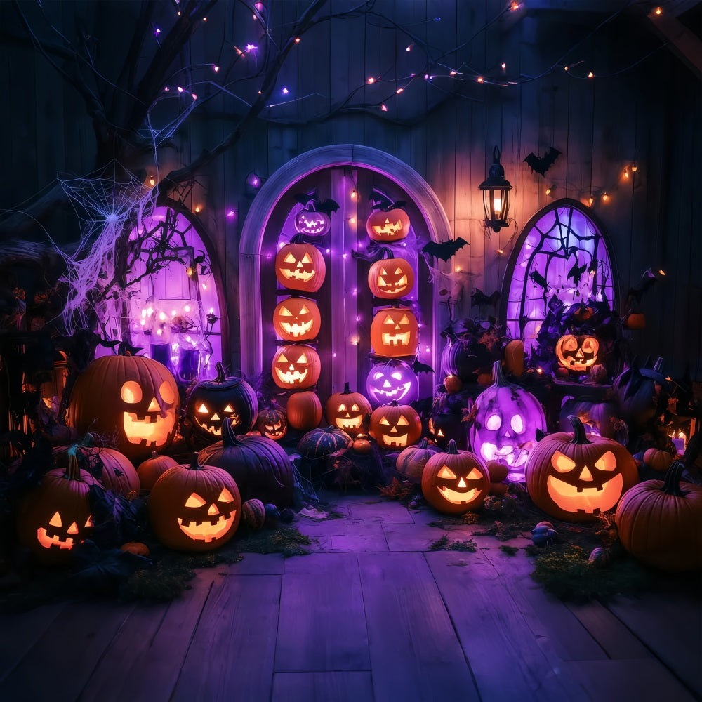 Halloween Wall Backdrop Glowing Jack-O’-Lantern Porch with Purple Lights Halloween Photo Backdrop TWW58-13