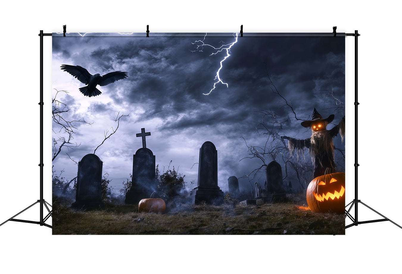 Halloween Graveyard Backdrop Stormy Graveyard with Scarecrow and Lightning Halloween Photo Backdrop TWW58-14