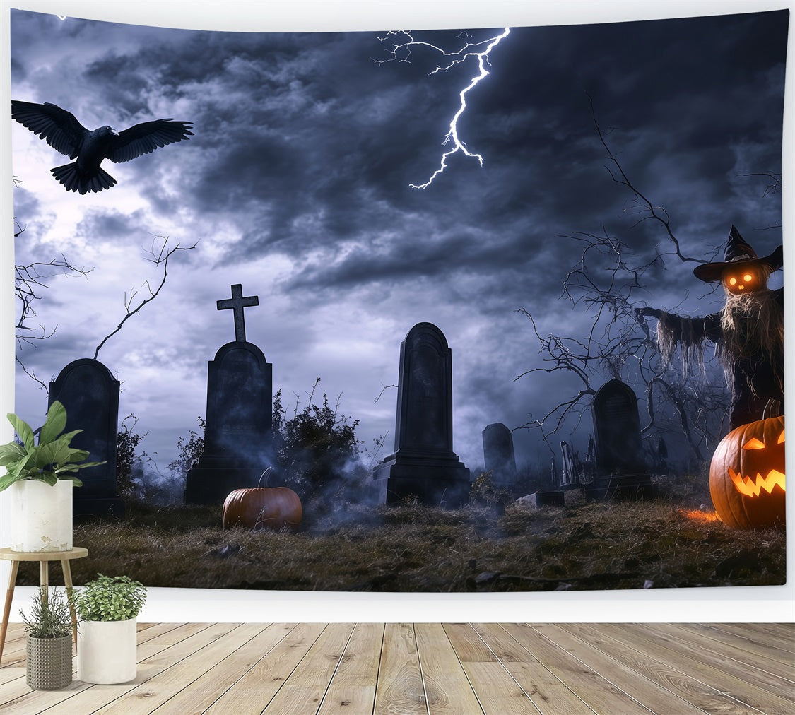 Halloween Graveyard Backdrop Stormy Graveyard with Scarecrow and Lightning Halloween Photo Backdrop TWW58-14