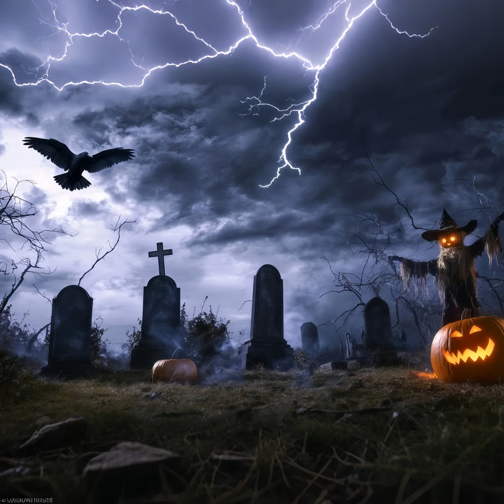 Halloween Graveyard Backdrop Stormy Graveyard with Scarecrow and Lightning Halloween Photo Backdrop TWW58-14