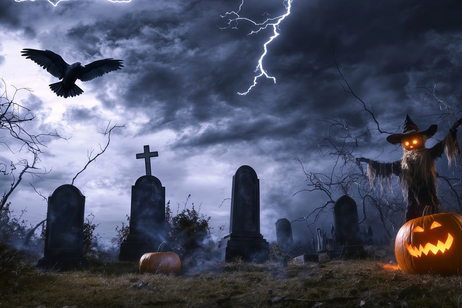 Halloween Graveyard Backdrop Stormy Graveyard with Scarecrow and Lightning Halloween Photo Backdrop TWW58-14
