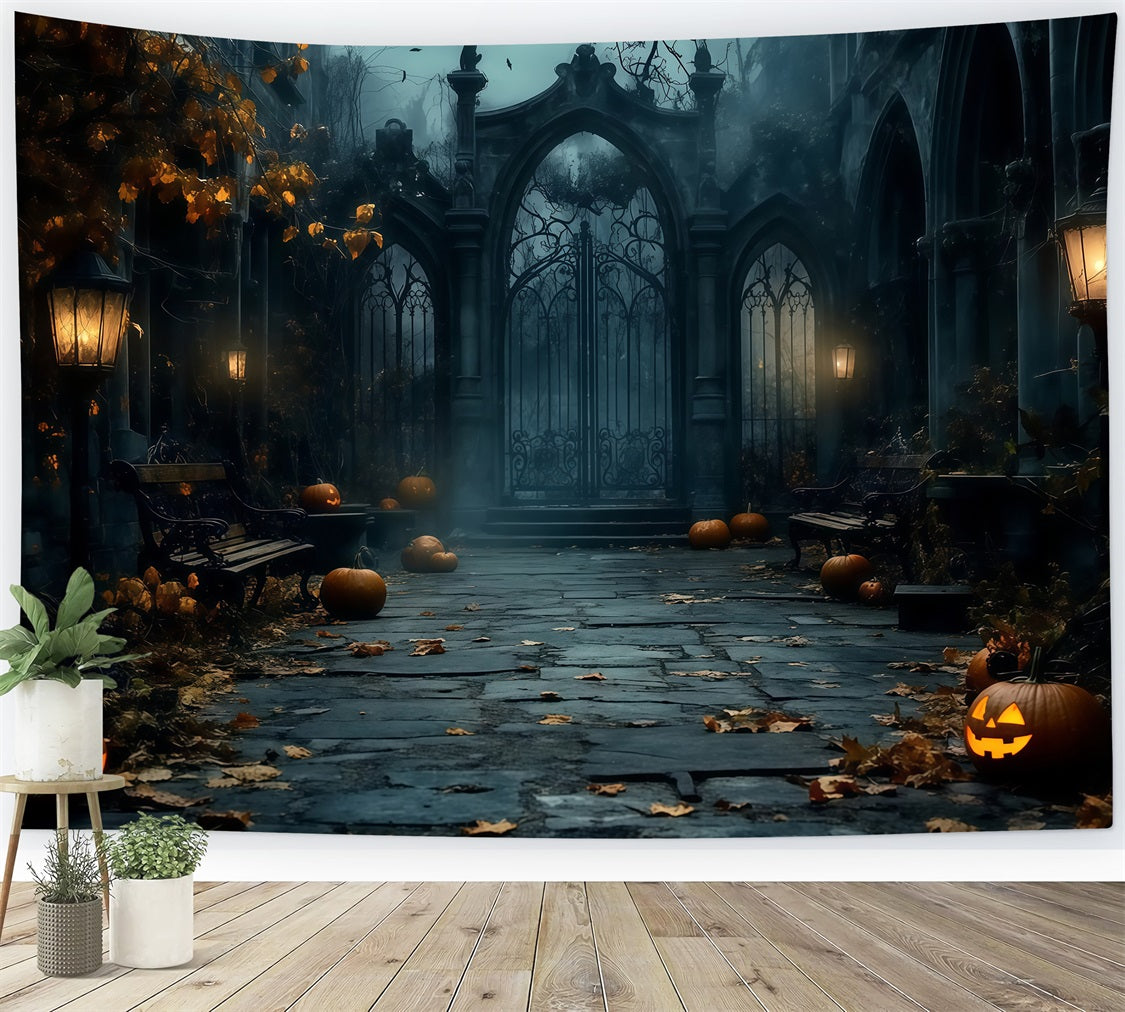 Halloween Foggy Gothic Gate with Scattered Pumpkins Halloween Photo Backdrop TWW58-15
