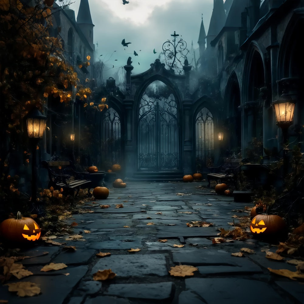 Halloween Foggy Gothic Gate with Scattered Pumpkins Halloween Photo Backdrop TWW58-15