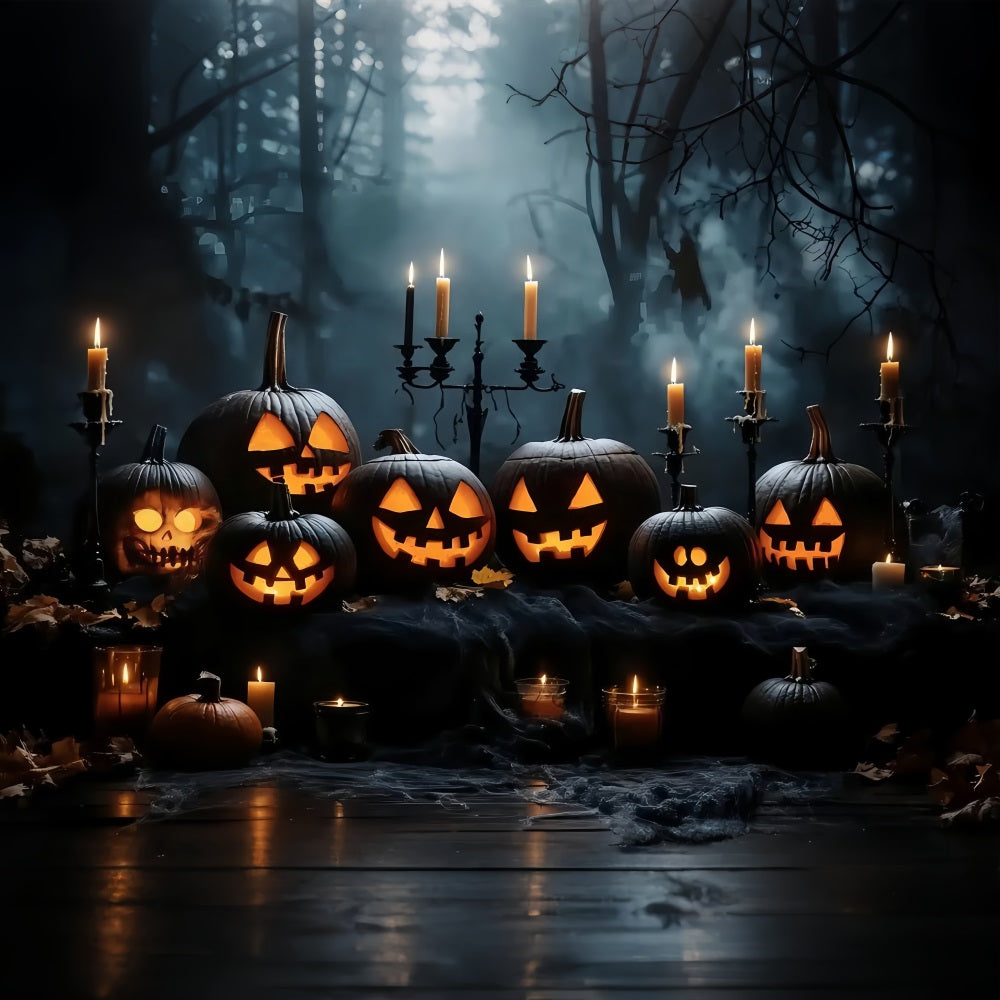 Halloween Candlelit Jack-O’-Lantern Display in Dark Woods Halloween Backdrop for Photos TWW58-16