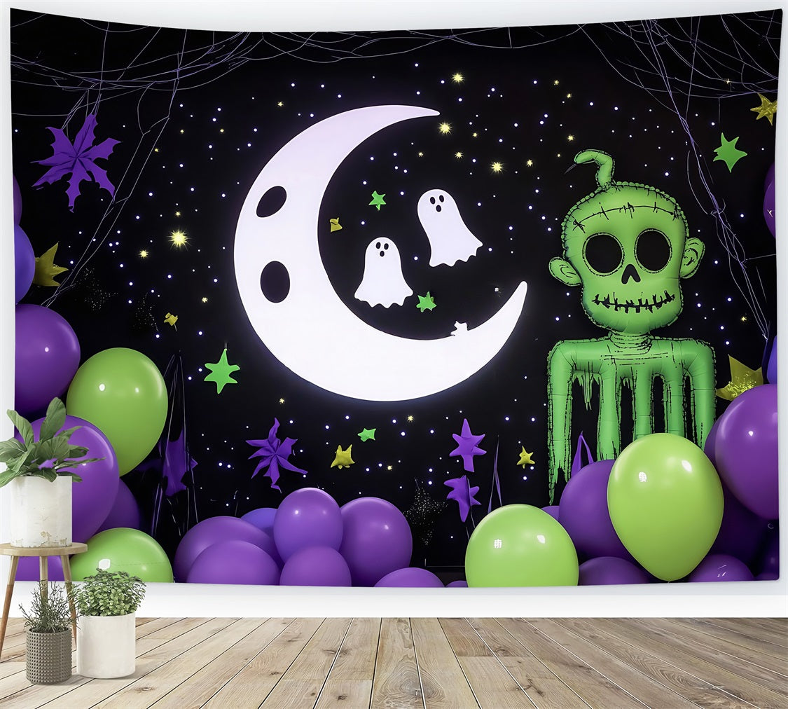 Halloween Wall Backdrop Cartoon Moon Ghosts and Green Zombie Decor Halloween Backdrop for Photos TWW58-17