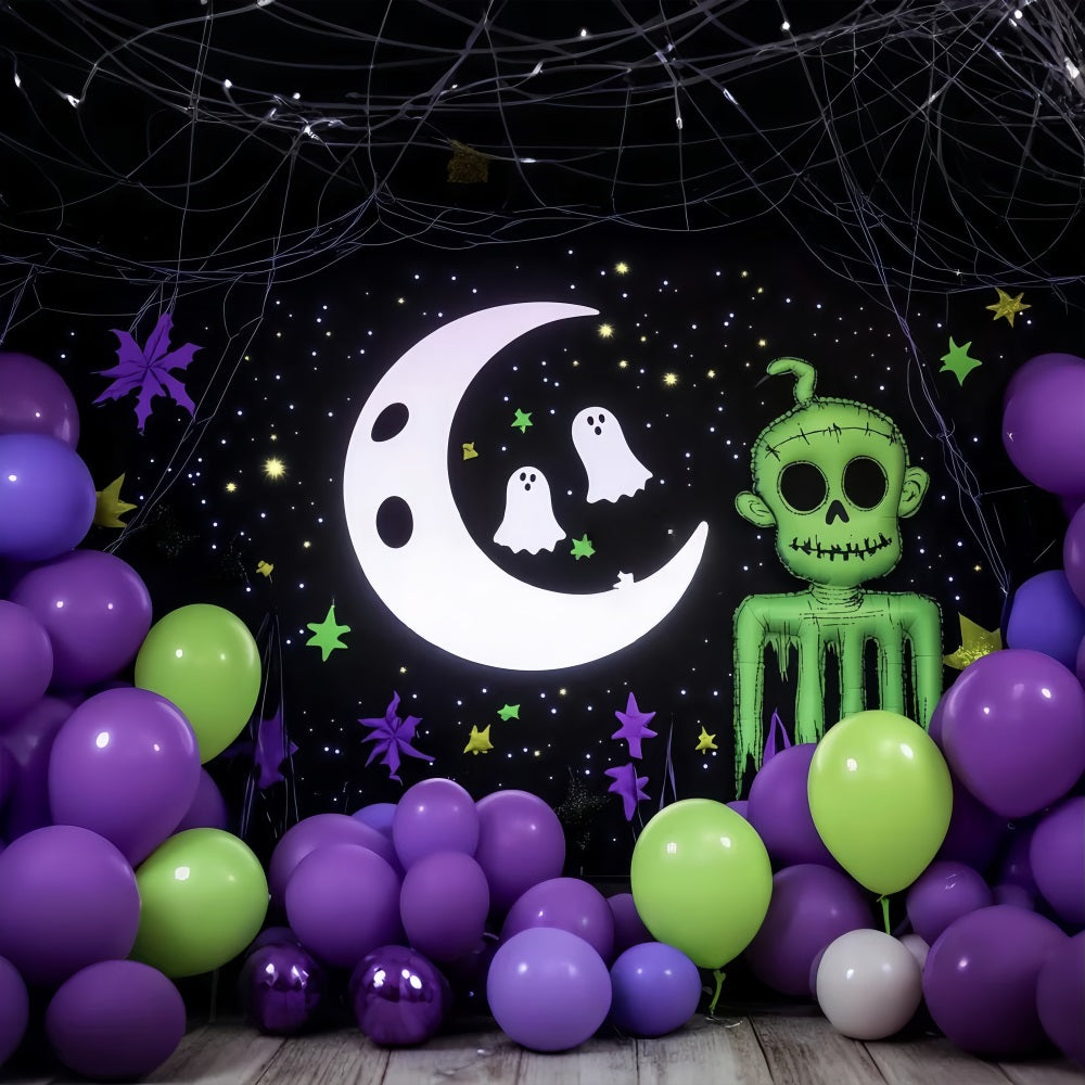 Halloween Wall Backdrop Cartoon Moon Ghosts and Green Zombie Decor Halloween Backdrop for Photos TWW58-17