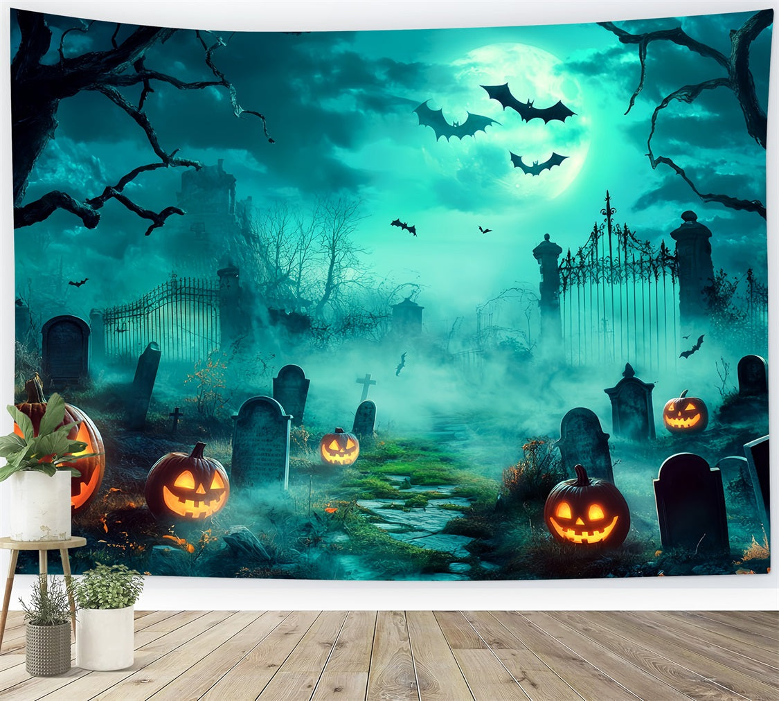 Halloween Graveyard Backdrop Spooky Graveyard with Glowing Jack-O’-Lanterns Halloween Backdrop for Photos TWW58-18