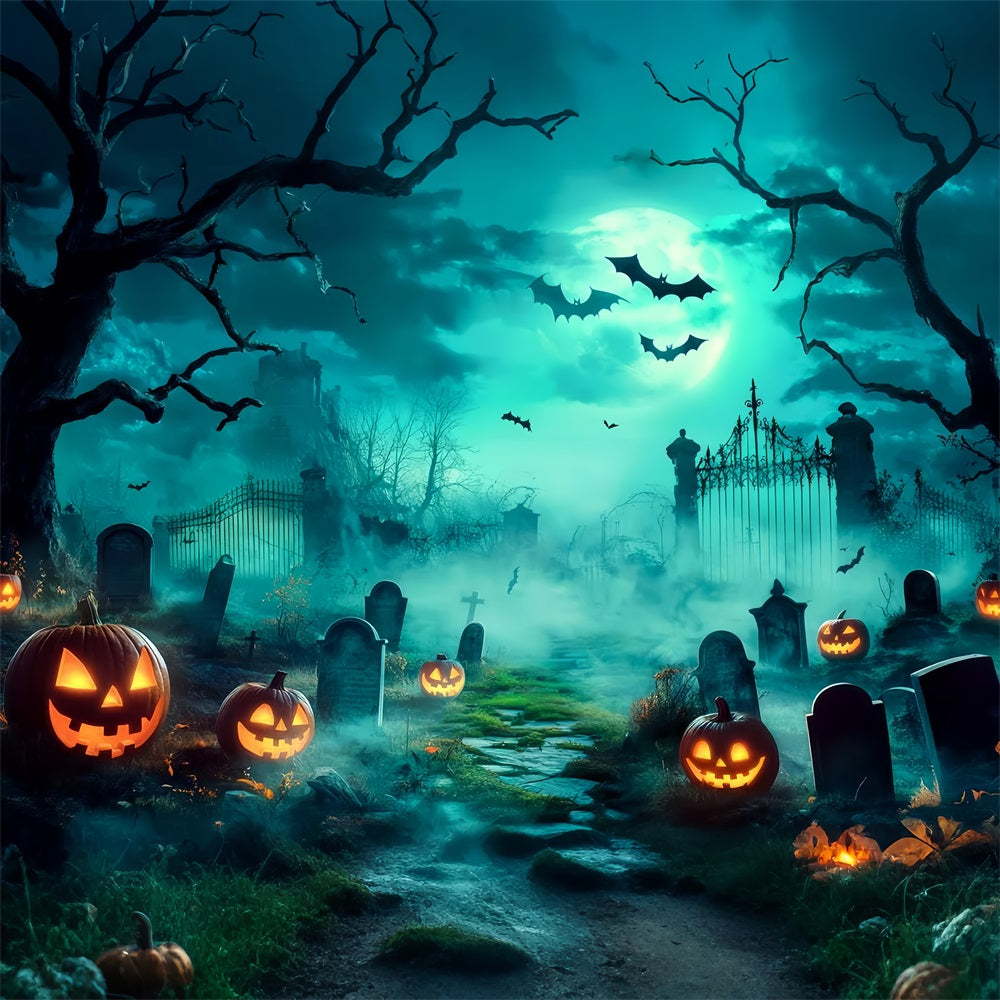 Halloween Graveyard Backdrop Spooky Graveyard with Glowing Jack-O’-Lanterns Halloween Backdrop for Photos TWW58-18