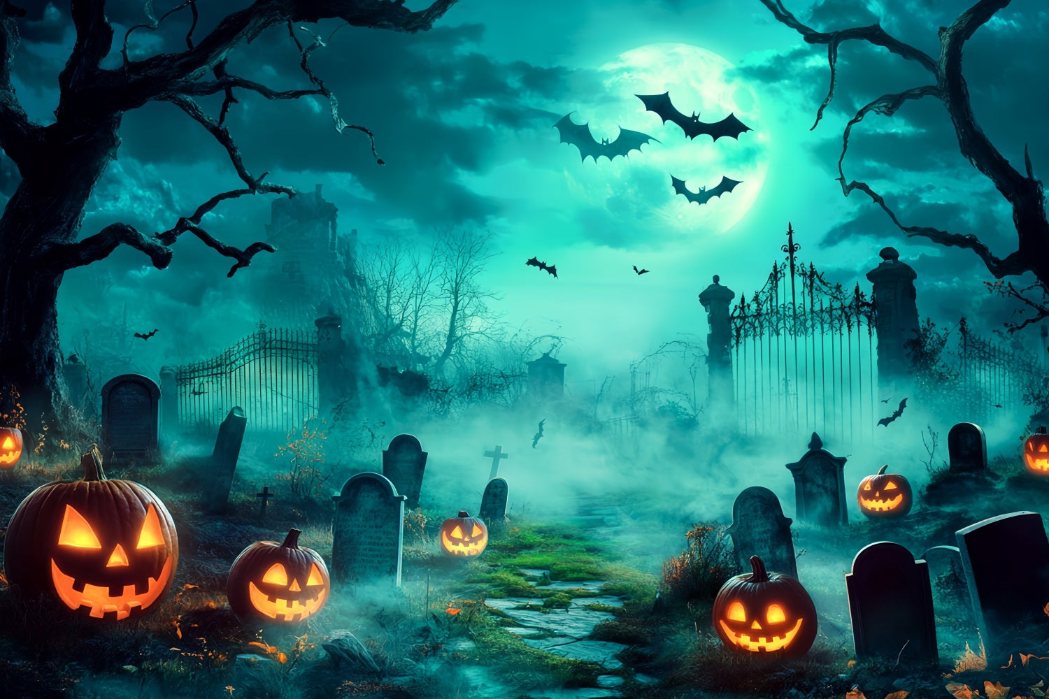 Halloween Graveyard Backdrop Spooky Graveyard with Glowing Jack-O’-Lanterns Halloween Backdrop for Photos TWW58-18