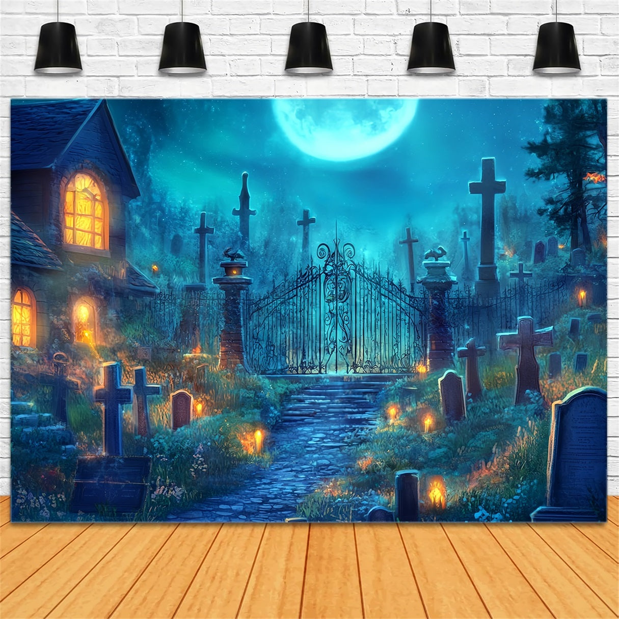 Halloween Graveyard Backdrop Moonlit Cemetery with Iron Gate Halloween Backdrop TWW58-2