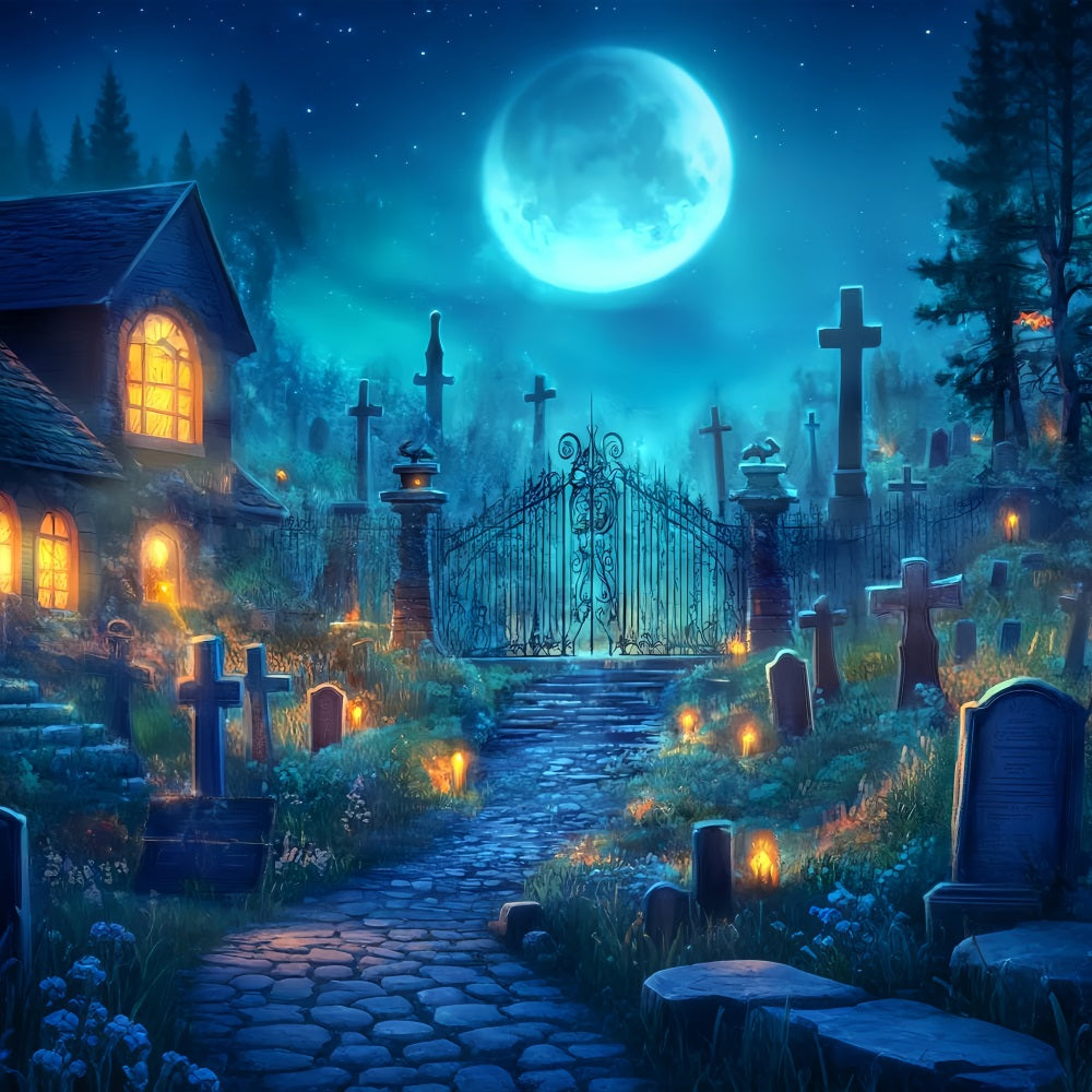 Halloween Graveyard Backdrop Moonlit Cemetery with Iron Gate Halloween Backdrop TWW58-2