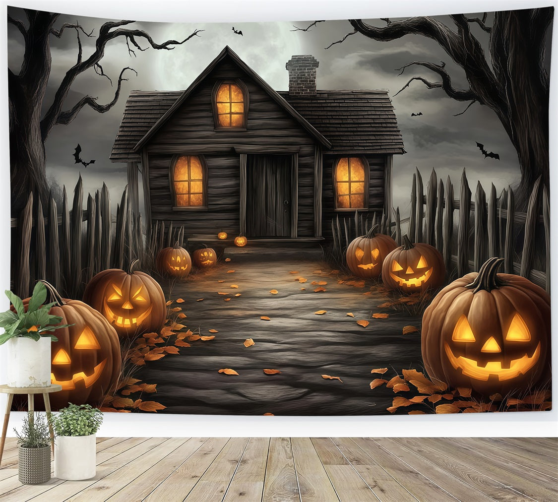 Halloween Haunted House Pathway with Carved Pumpkins Halloween Backdrop for Photos TWW58-20