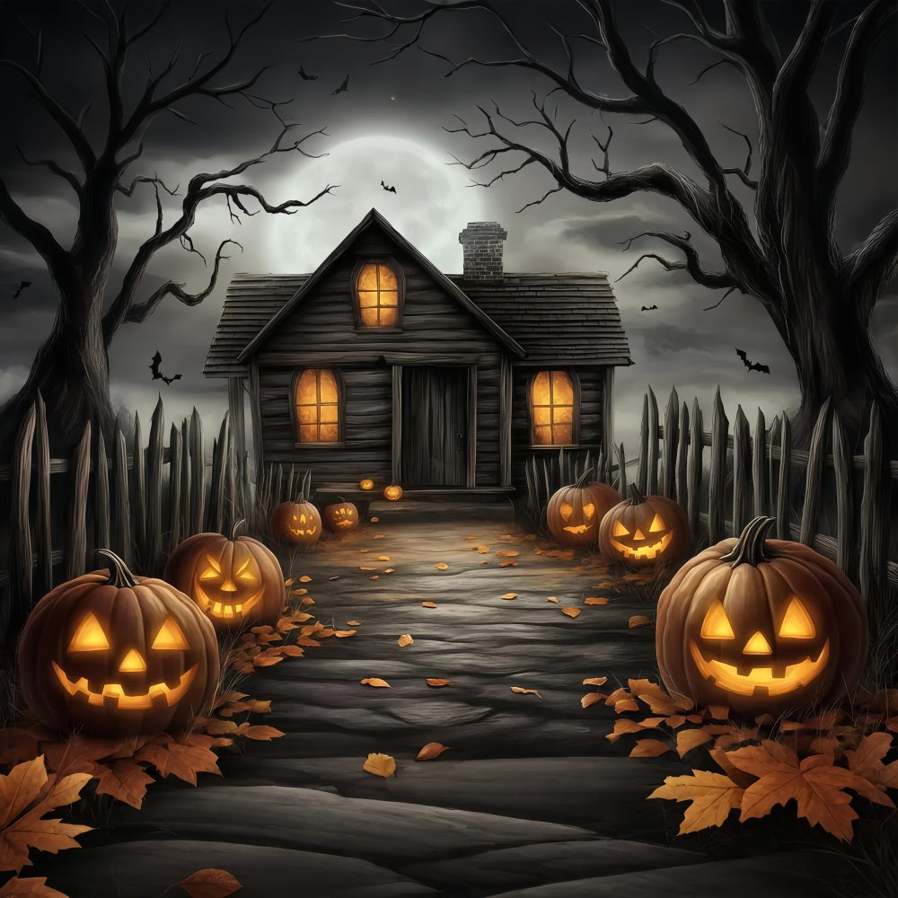 Halloween Haunted House Pathway with Carved Pumpkins Halloween Backdrop for Photos TWW58-20