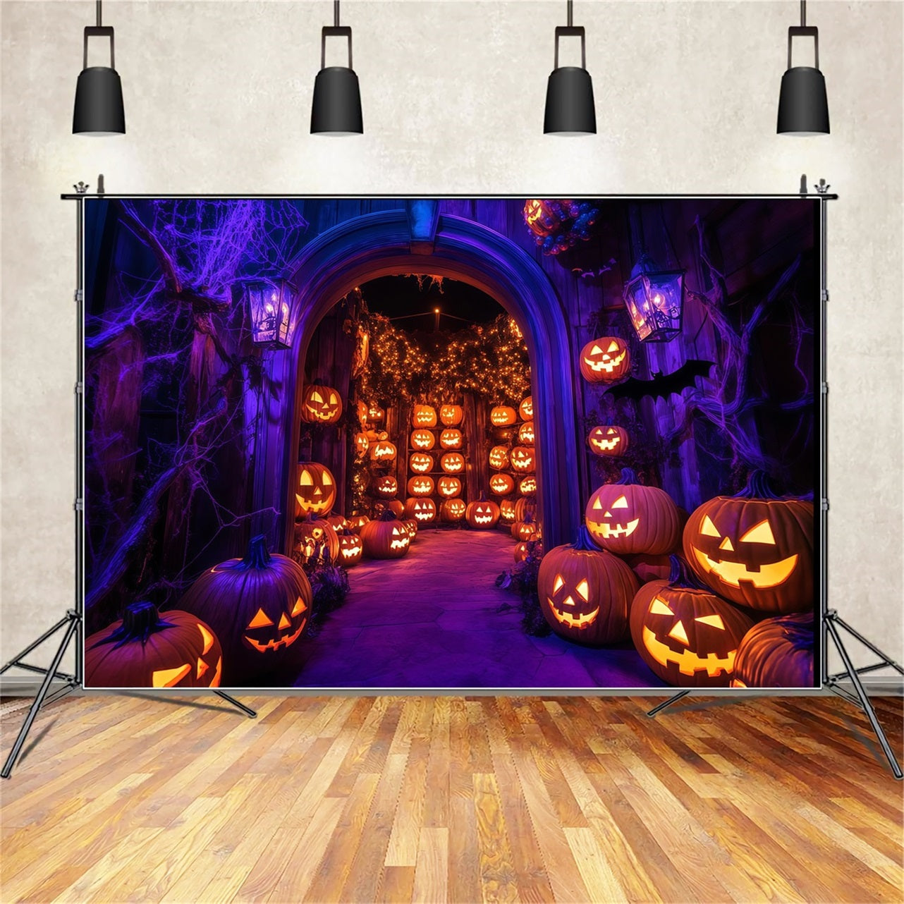 Halloween Wall Backdrop Glowing Jack-O’-Lantern Archway with Spider Webs Halloween Backdrop Ideas TWW58-21