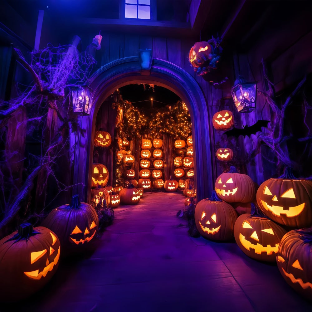 Halloween Wall Backdrop Glowing Jack-O’-Lantern Archway with Spider Webs Halloween Backdrop Ideas TWW58-21