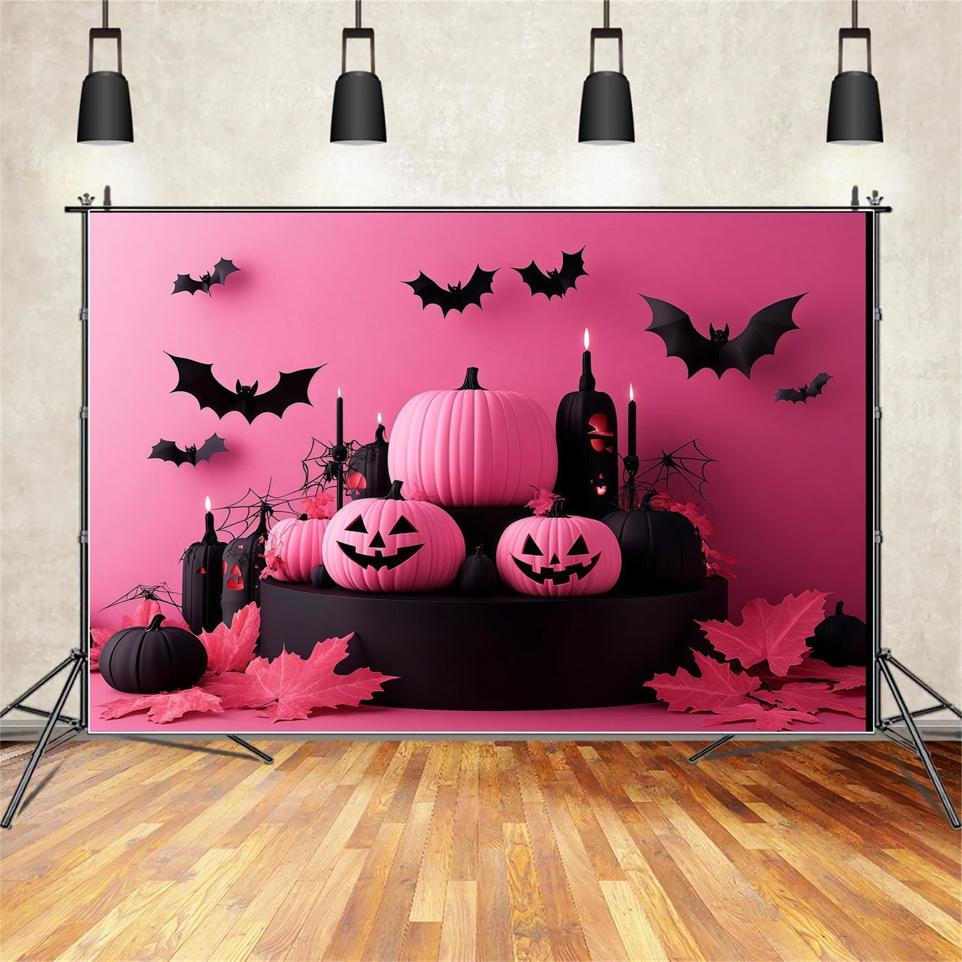Halloween Pink and Black Pumpkins with Flying Bats Halloween Backdrop Ideas TWW58-22