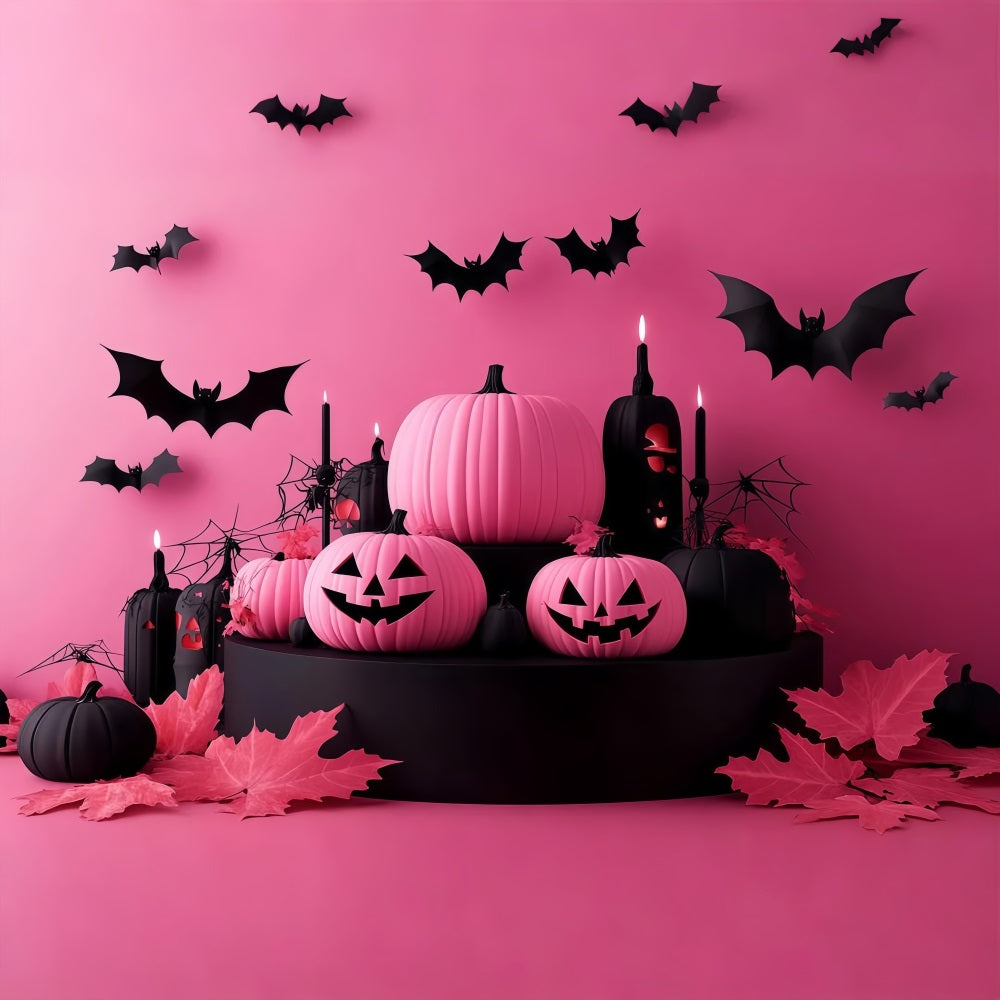 Halloween Pink and Black Pumpkins with Flying Bats Halloween Backdrop Ideas TWW58-22