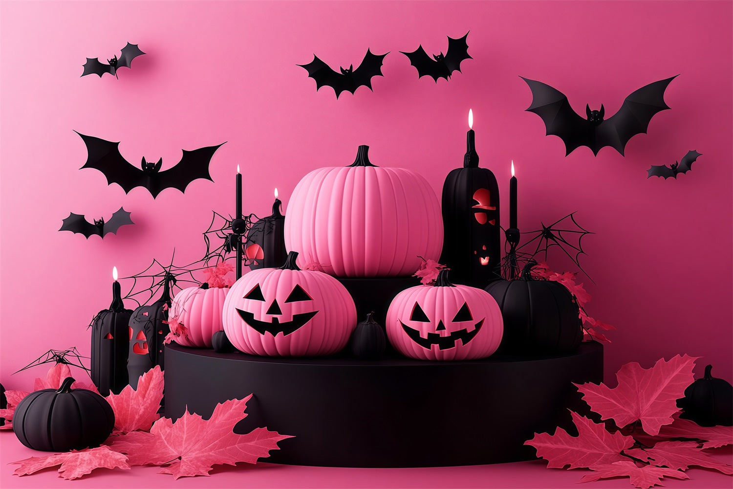 Halloween Pink and Black Pumpkins with Flying Bats Halloween Backdrop Ideas TWW58-22