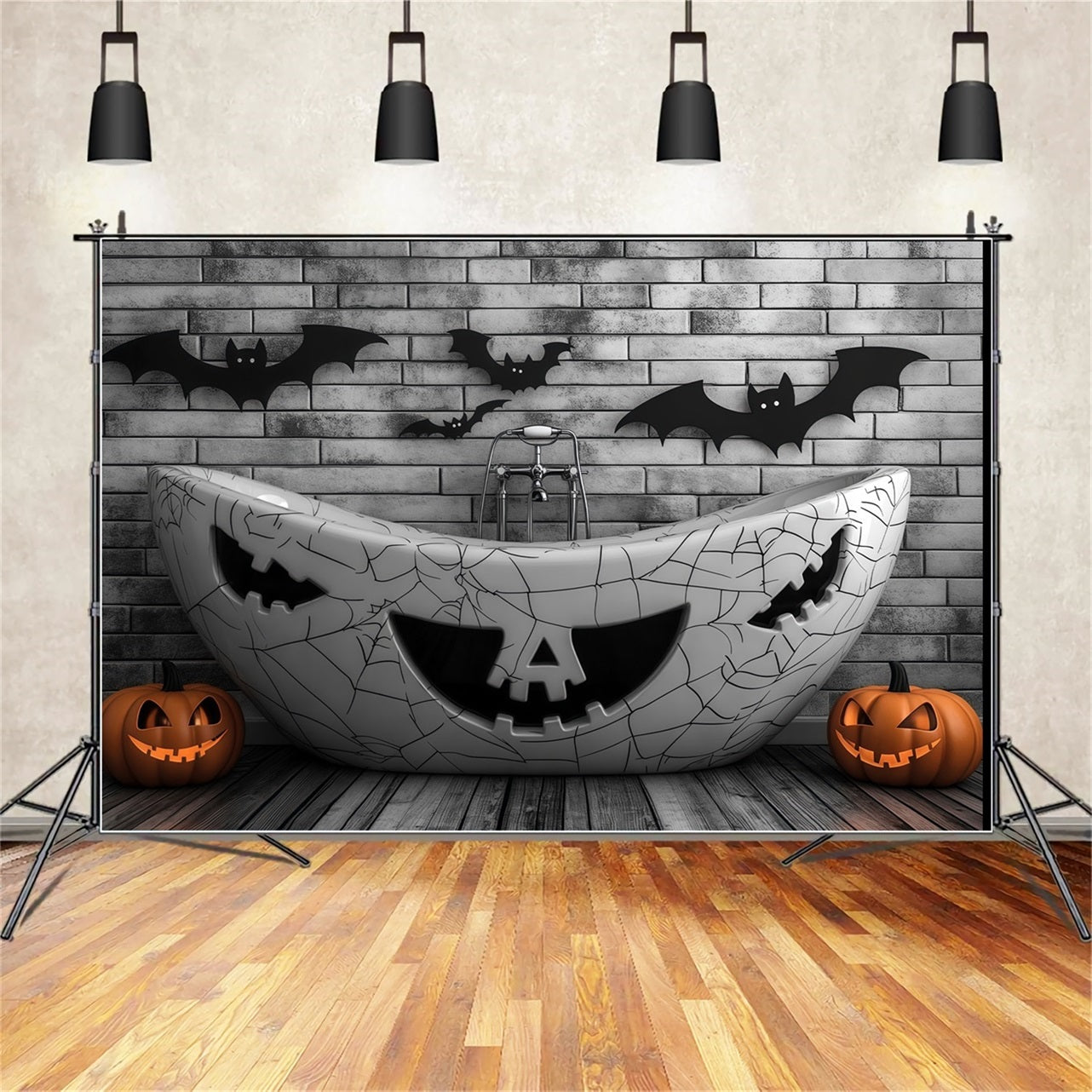 Halloween Haunted Bathtub with Pumpkin Carvings and Bats Halloween Backdrop Ideas TWW58-23