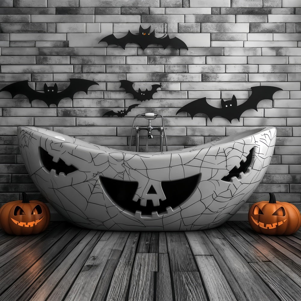 Halloween Haunted Bathtub with Pumpkin Carvings and Bats Halloween Backdrop Ideas TWW58-23