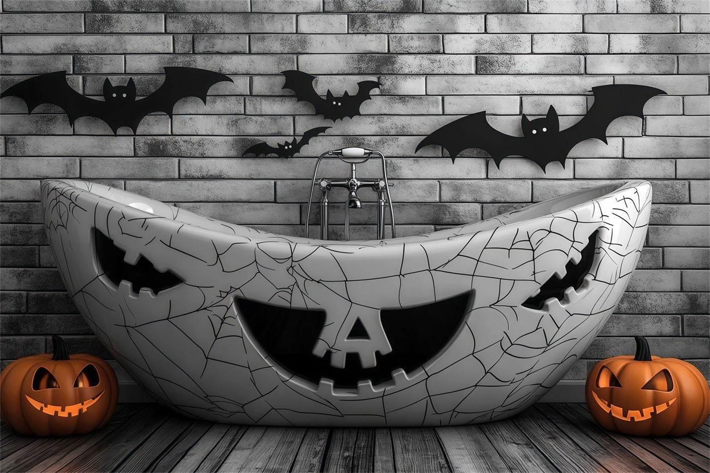 Halloween Haunted Bathtub with Pumpkin Carvings and Bats Halloween Backdrop Ideas TWW58-23