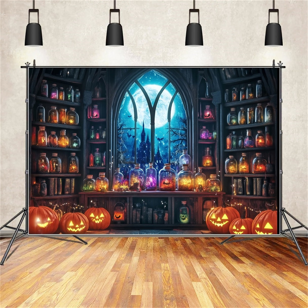 Halloween Wall Backdrop Moonlit Potion Room with Pumpkins and Jars Halloween Backdrop Ideas TWW58-24